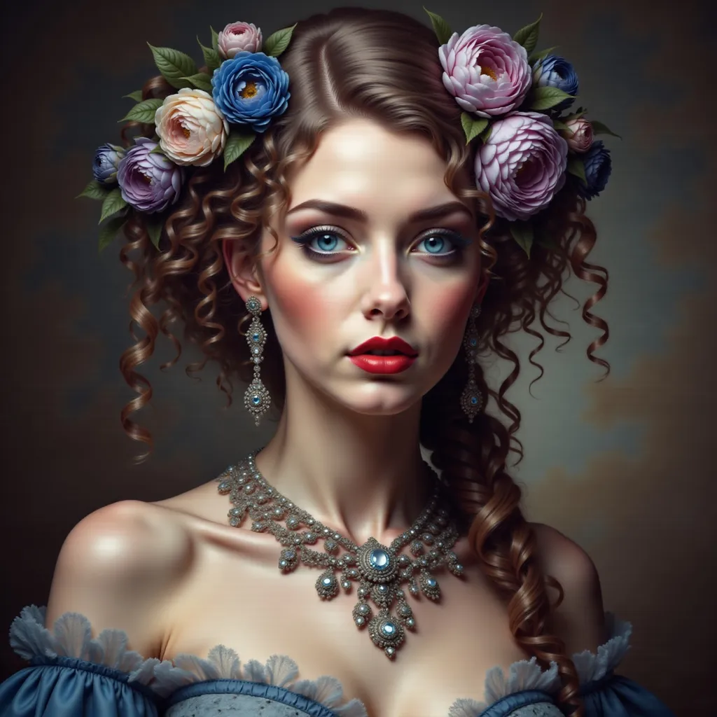 Prompt: a woman with a flower in her hair and a necklace on her neck. Anne Stokes, gothic art, highly detailed digital painting, a photorealistic painting