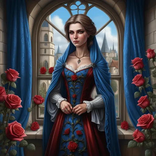 Prompt: a woman in a 16th century dress standing in front of a window with roses around her and a blue shawl, Anne Stokes, fantasy art, highly detailed digital painting, a character portrait