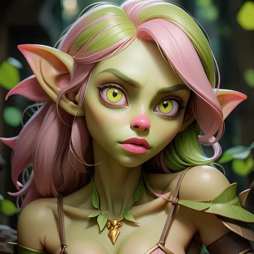 Prompt: beautiful goblin girl, showing clevage, pink Areolae, light pink nose, yellow eyes, green skin, smooth skin, supple lips, soft skin, very young