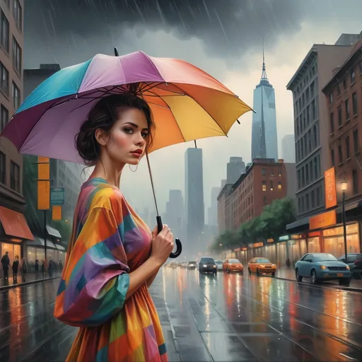 Prompt: a woman in a colorful dress holding an umbrella on a city street in the rain with a city skyline in the background, Edwin Georgi, figurative art, highly detailed digital painting, a photorealistic painting