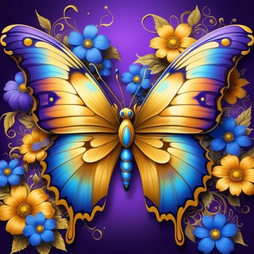 Prompt: <mymodel> a colorful butterfly with blue flowers on a purple background with gold accents. Android Jones, psychedelic art, highly detailed digital painting, an airbrush painting