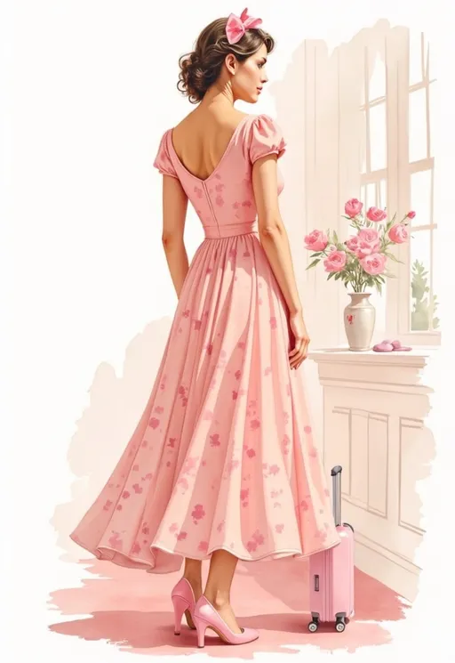 Prompt: This is a highly detailed, photorealistic digital illustration of a young woman standing in a narrow, well-lit hallway with pink floral wallpaper and white wainscoting. The woman, with fair skin and wavy dark brown hair adorned with a pink bow, has a slender, elegant build and a delicate, feminine face with subtle makeup. She is wearing a vintage-style, pink, short-sleeved, fitted dress with a sweetheart neckline that accentuates her modest bust. The dress has a cinched waist and a full, flared skirt that falls to just above her knees. She completes her outfit with pink pointed-toe high heels.

To her right, there is a small, pink rolling suitcase with a handle and silver hardware. The hallway is bathed in natural light streaming through tall windows on the right, casting soft shadows on the pink carpet. The walls are decorated with small, framed pictures and a vase with pink roses sits on a windowsill. The overall scene has a nostalgic, mid-20th-century aesthetic, evoking a sense of retro charm and elegance. The textures in the image, from the fabric of the dress to the wallpaper and carpet, are rendered with exceptional realism, enhancing the overall visual appeal.