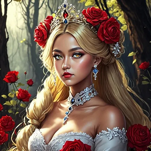 Prompt: <mymodel>Fairy tale, beautiful girl with white skin, (perfect face), light golden hair, blue pupils, red lips, forest style, mysterious, vintage fashion-dresses, with a transparent crystal crown on her head, the woman's body is so white Glows, (high detail) sitting on an oversized red rose, hyperdetail, ultra high definition.<mymodel>