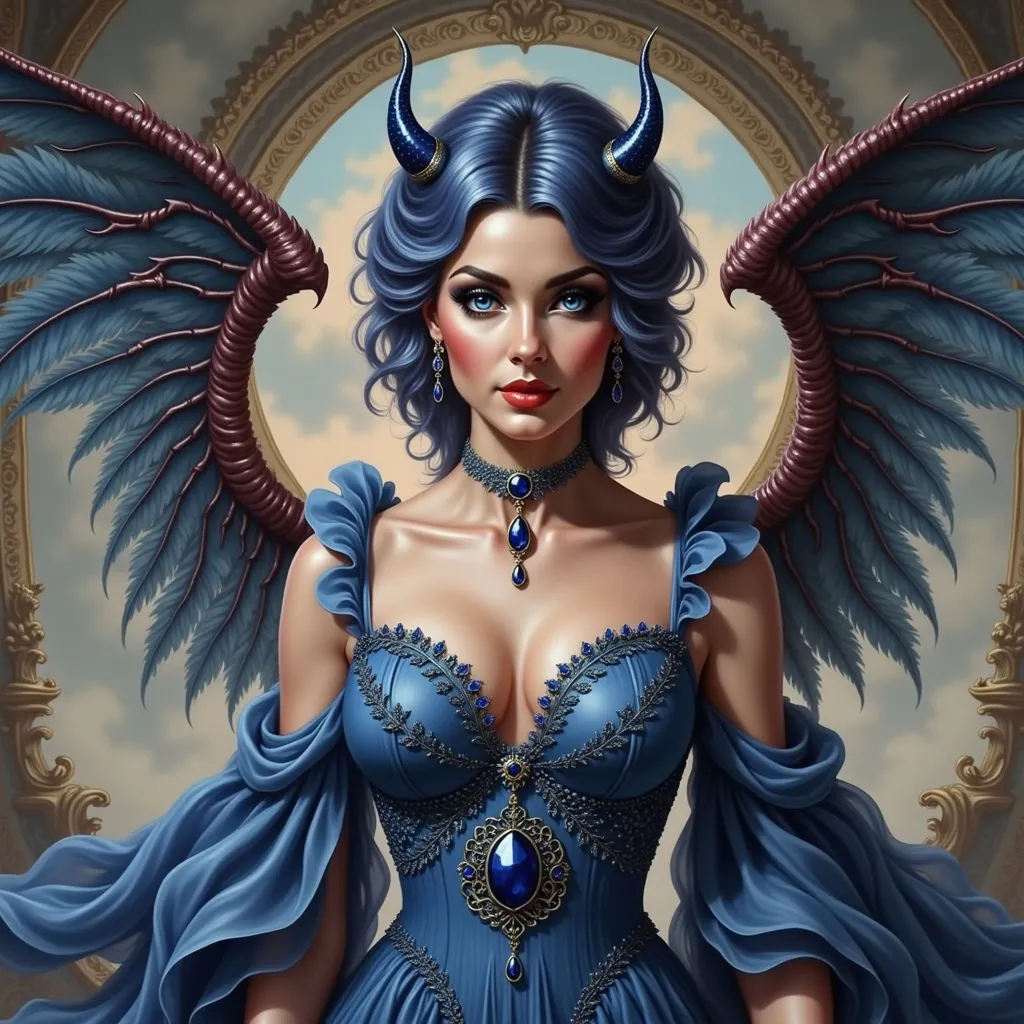 Prompt: a woman with a blue dress and a devilish head and wings on her body,  Anne Stokes, gothic art, highly detailed digital painting, a detailed painting