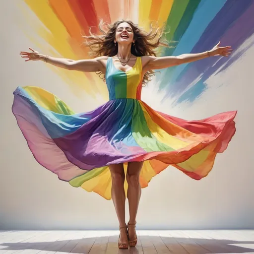 Prompt: a woman in a colorful rainbow dress is dancing with her arms outstretched in the air and her legs spread wide, artist, figurative art, highly detailed digital painting, a photorealistic painting