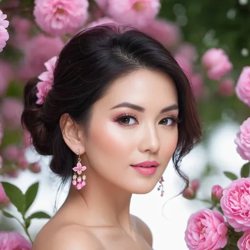 Prompt: <mymodel>a beautiful woman , lots of pretty pink flowers