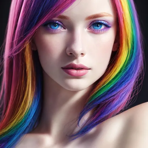 Prompt: HDR, UHD, 64k, best quality, pale skin, unrealistically, multicolored hair,  UHD, hd , 64k, , hyper realism, Very detailed, full body, hyper realism, Very detailed, female anime, slender body, in hyperrealistic detail, rainbow hair, facial closeup