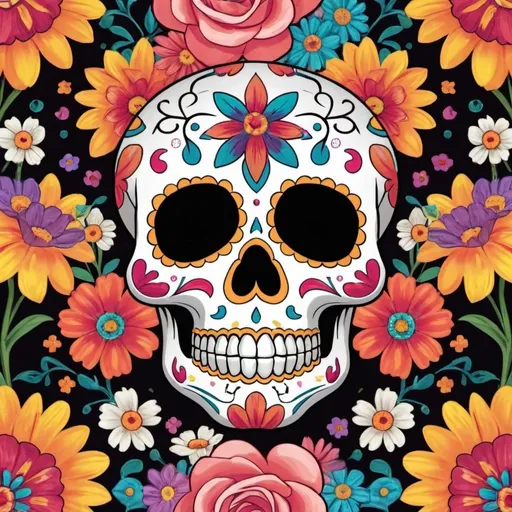 Prompt: A sugar skull surrounded by flowers