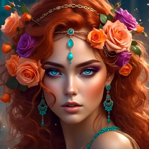 Prompt: <mymodel>Cosmic Epic Beauty, Beautiful and Gorgeous, purple roses in hair and wearing turquoise jewelry