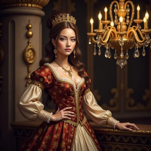 Prompt: a woman in a renaissance dress is posing for a picture in a castle like setting with a chandelier, Artur Tarnowski, renaissance, medieval, a character portrait