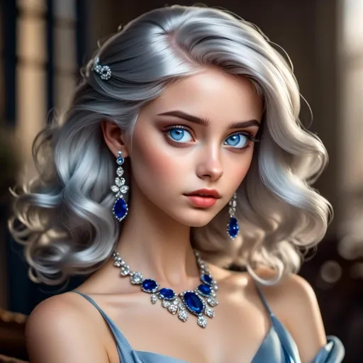 Prompt: <mymodel>Glamorously dressed 1930's lady, sapphire jewelry, blue eyes, vintage glam, luxurious satin gown, elegant updo hairstyle, detailed facial features, high-quality, vintage, glamorous, detailed sapphire jewelry, sophisticated makeup, atmospheric lighting, deep blue color tones, classic Hollywood style