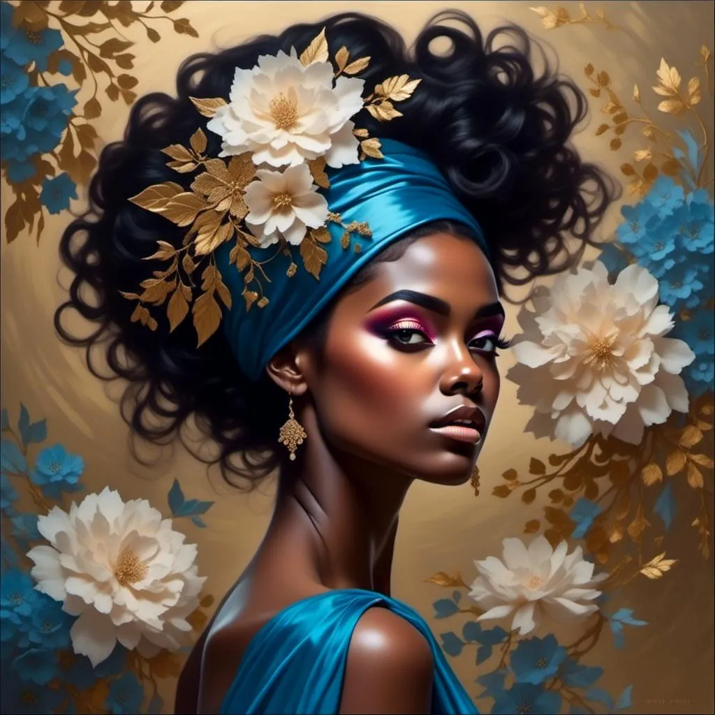 Prompt: <mymodel> a painting of a woman with flowers in her hair and a blue dress on her head and a gold background, Edwin Georgi, figurative art, highly detailed digital painting, a painting