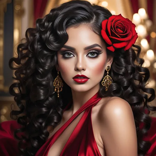 Prompt: With a striking presence, a woman with voluminous, glossy black curls captivates the viewer, her luscious locks adorned with a vivid red rose. Her bold makeup, featuring deep red lips and dramatic eye makeup, enhances her piercing dark brown eyes while the rich red of her elegant gown harmonizes with her accessories, including ornate earrings. The background hints at opulence, with soft, warm lighting and blurred hints of a lavish setting, creating a romantic ambiance. The overall composition exudes a sense of allure and sophistication, inviting an atmosphere of glamour and intrigue.