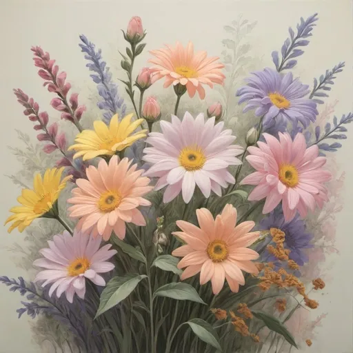 Prompt: Pastel-themed painting of flowers 