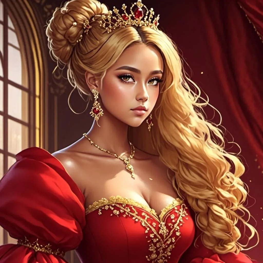 Prompt: <mymodel>High-quality digital painting of a teenage princess with blonde hair in a bun, wearing a stunning red dress, big pretty eyes, royal ambiance, detailed fabric textures, elegant crown, soft lighting, warm tones, professional, regal, detailed eyes, royal gown, digital painting, warm lighting, late teens, blonde bun hairstyle, royal ambiance