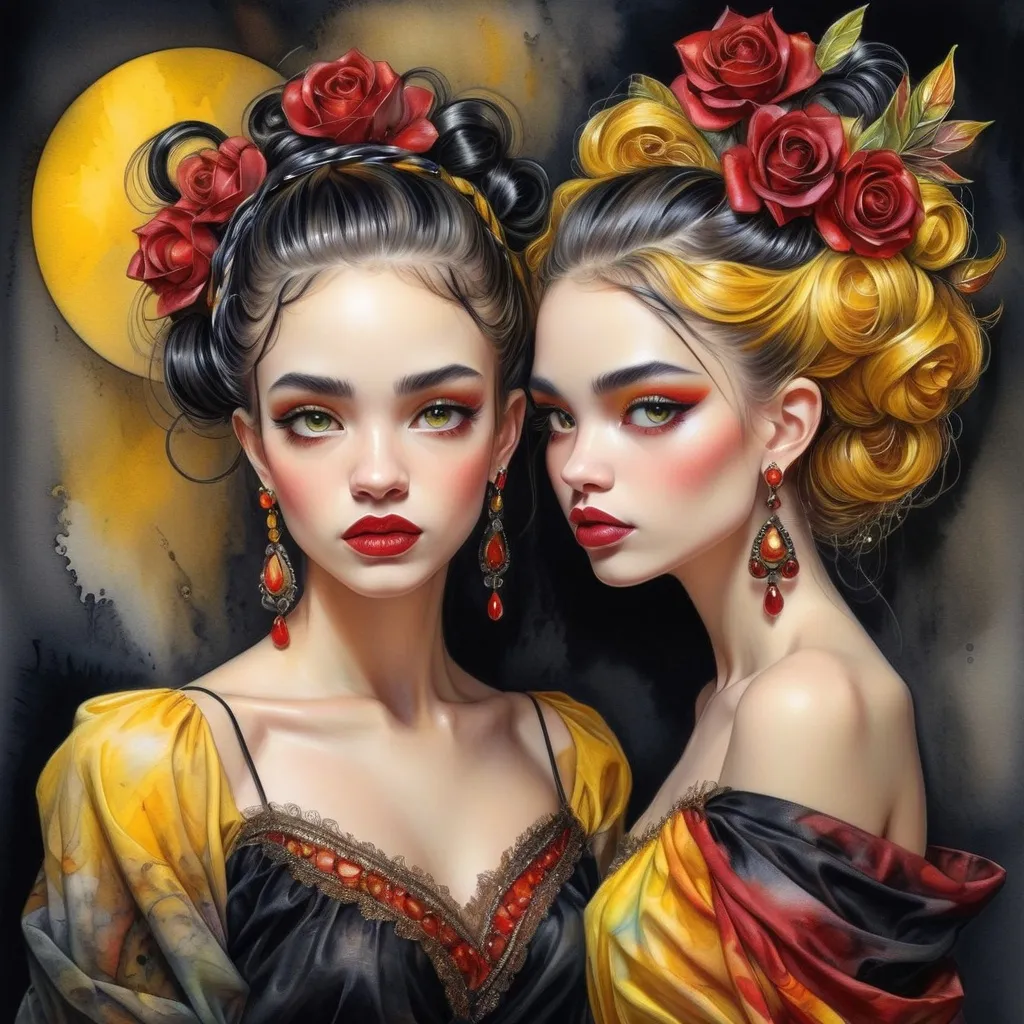 Prompt: <mymodel> beautiful woman, hair pinned up, yellow red black dress, earrings, Watercolor, trending on artstation, sharp focus, studio photo, intricate details, highly detailed, by  Josephine Wall and Jasmine Becket-Griffith