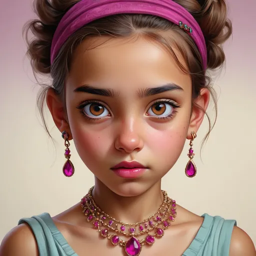 Prompt: Detailed realistic digital portrait of a young girl, brown eyes, magenta jewelry