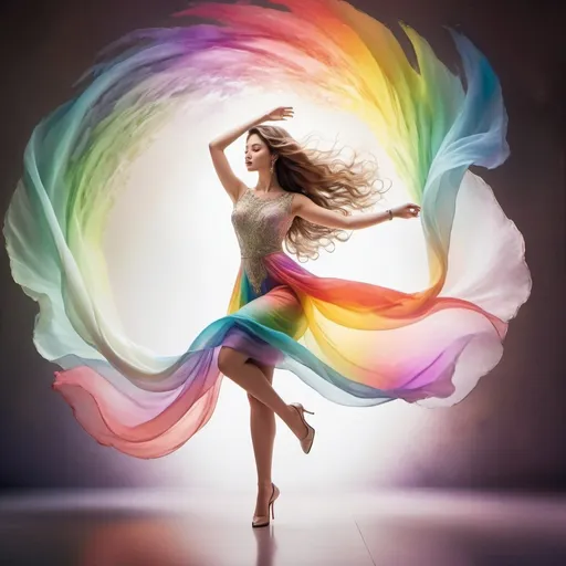 Prompt: (elegant lady), graceful pose, vivid (colors of the rainbow), flowing attire, chic accessories, soft and dreamy ambiance, radiating a sense of joy, ultra-detailed, ambient lighting, romantic atmosphere, intricate patterns, harmonious blend of hues, beautifully flowing hair, serene expression, enchanting background bursting with color, high-quality rendering.