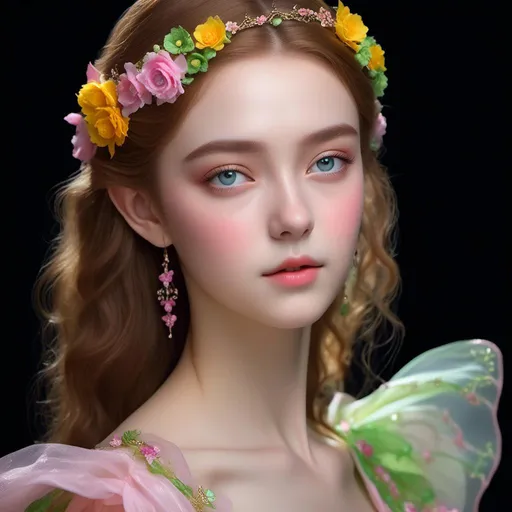 Prompt: <mymodel>Girl, elf, fairy, fantasy, flowers, dreaming, sunny day, pink, green, yellow, natural, she is Queen, grandiose fairy flower dress, grandiose fairy crown, hight quality, grandiose fairy flower wings, in hand she has grandiose fairy flower sceptre