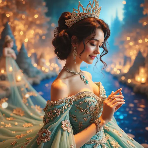 Prompt: Turquoise adorned princess, (elegant and regal) gown, shimmering (turquoise accents), intricate (gemstone embroideries), radiant tiara, gentle smile, flowing hair, (whimsical background) featuring enchanted forest, soft golden glowing lights, serene ambiance, (highly detailed) 4K resolution, (captivating color tones) harmonizing blues and greens, enchanting atmosphere, low angle perspective for grandeur.