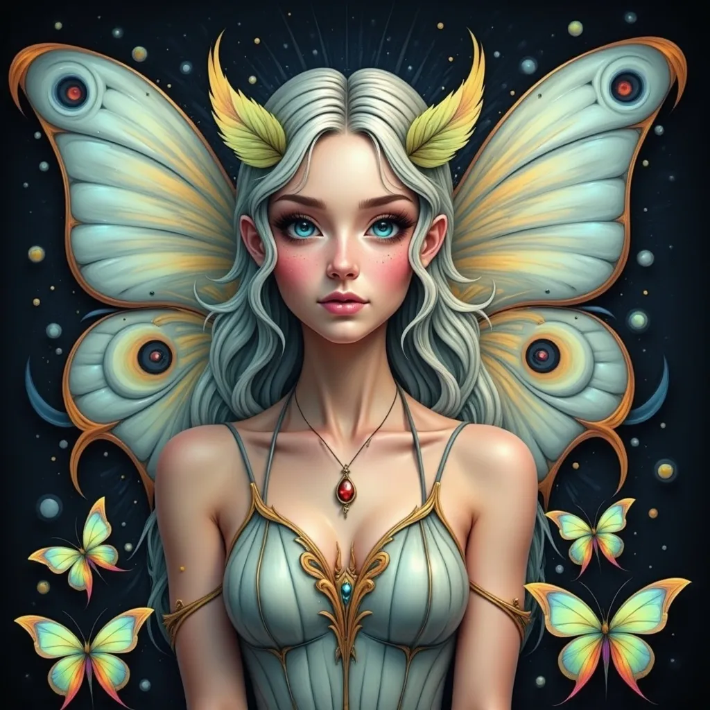 Prompt: a fairy  with Lunar moth wings