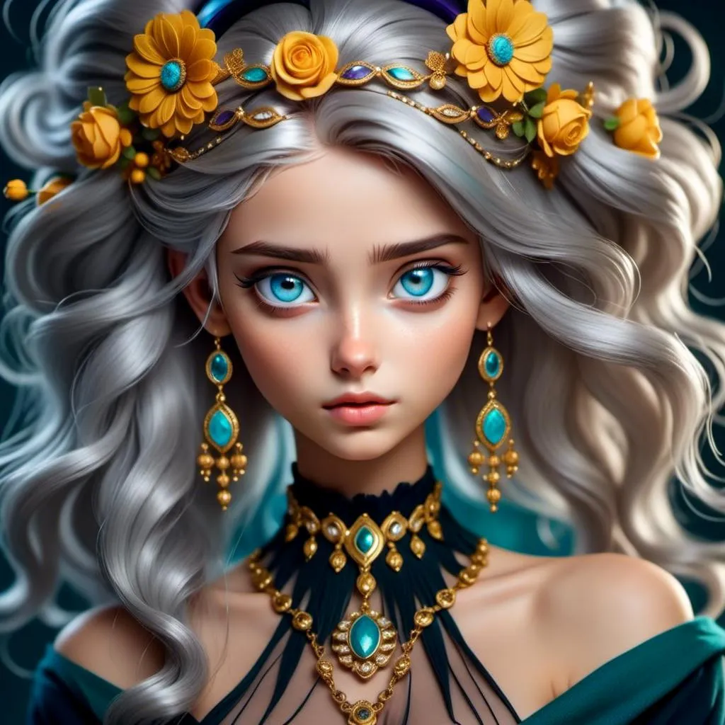 Prompt: <mymodel>Cosmic Epic Beauty, Beautiful and Gorgeous, purple roses in hair and wearing turquoise jewelry