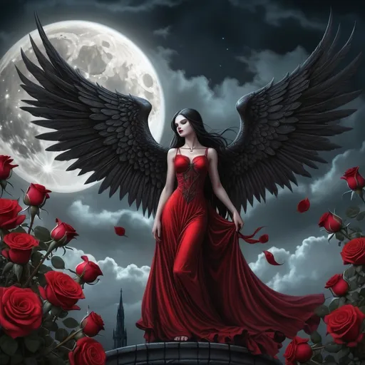 Prompt: a woman in a  red dress with wings and a full moon with roses in the foreground, Anne Stokes, gothic art, dark fantasy art, a digital rendering