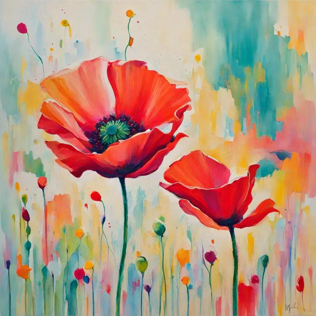 Prompt: Modern abstract poppy with happy colors, bright, hopeful