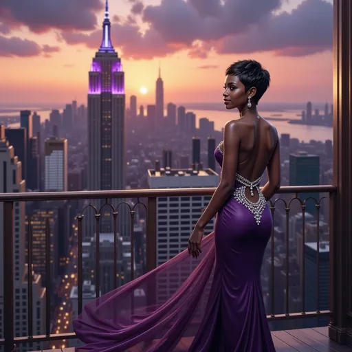Prompt: A stunning scene unfolds against the backdrop of a vibrant sunset in New York City, where a woman in an elegant, floor-length purple gown stands poised on a balcony. The dress's intricately beaded details catch the fading light, flowing gracefully behind her as she gazes out at the iconic Empire State Building, illuminated with hues of purple and blue. The cityscape stretches below her, blending into the shimmering water of the river, while the sky transitions from warm oranges to soft purples, enveloping the skyline in a dreamlike glow. This moment radiates sophistication and allure, capturing both the essence of urban elegance and a sense of serene reflection as day turns to night.
