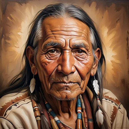 Prompt: Realistic oil painting of an old  native American man, weathered and wise, intricate patterns and textures, expressive eyes with a hint of sadness, wrinkled and kind smile, warm and earthy color palette, soft natural lighting, high quality, realistic, traditional, emotional portrait, detailed facial features, textured clothing, warm tones, atmospheric lighting background to be nature and low cuality picture
