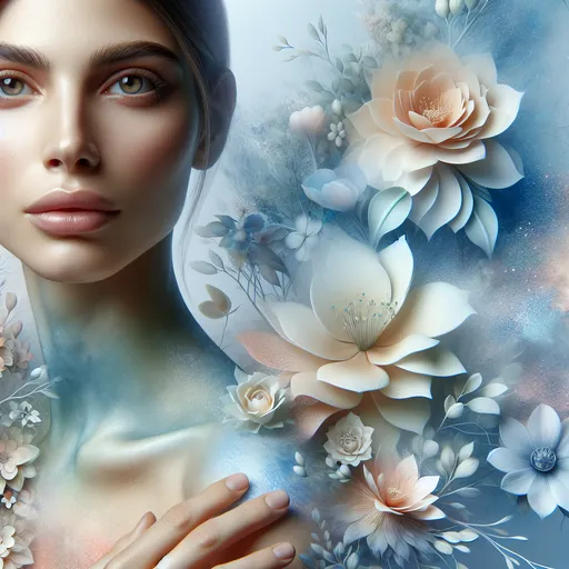 Prompt: <mymodel>beautiful woman, ethereal,dreamscape,, pale blue colors, flowers, closeup