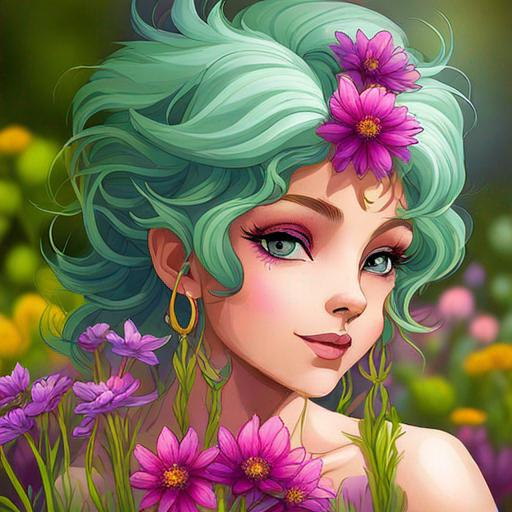 Prompt: a fairy of spring, ,wildflowers, vivid colors,  facial closeup