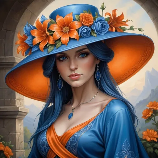 Prompt: a woman wearing a blue hat with  orange flowers on it's head and a blue dress with a orange  sash, Anne Stokes, fantasy art,, a detailed painting