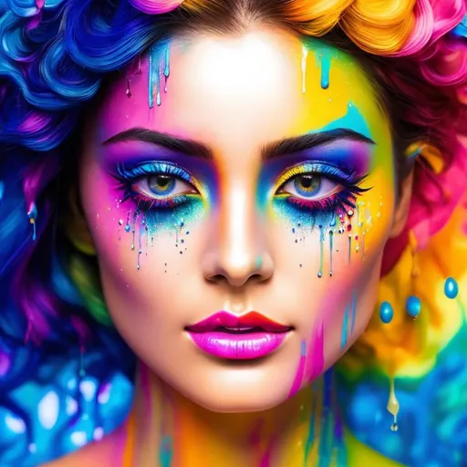 Prompt: Facial closeup of a female face, rainbow paint dripping, vibrant colors, high-definition, detailed, digital painting, close-up, colorful, expressive, rainbow paint drips, intense gaze, professional, vibrant, artistic, surreal, vivid colors, detailed facial features, digital art, high quality