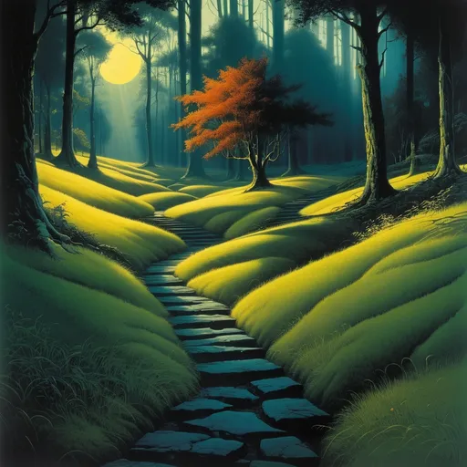 Prompt: a forest with sun shining through the trees and grass on the ground, with a path leading to a tree, Eyvind Earle, magic realism, matte fantasy painting, a detailed matte painting