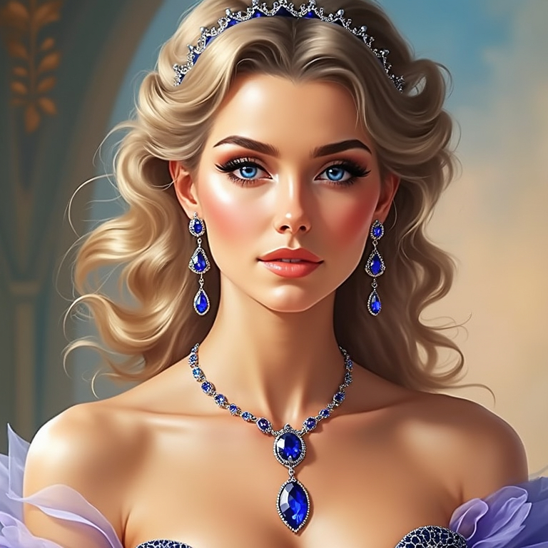 Prompt: A woman dressed in a blue dress, blue eyes, sapphire jewelry, long flowing hair