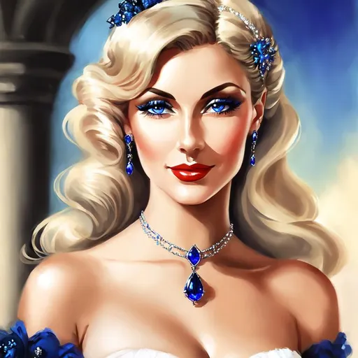 Prompt: Glamorously dressed lady of rhe 1930's wearing sapphire jewelry,blue eyes