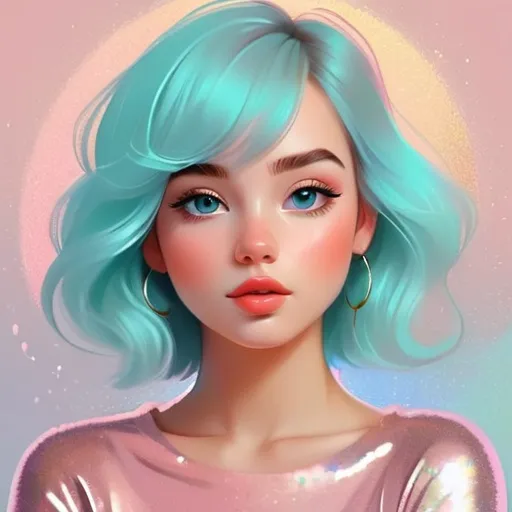 Prompt: Simple, Fun, clip art digital portrait of a young beautiful woman, minimalist, digital painting, aesthetic, feminine, pastel and glittery, cute