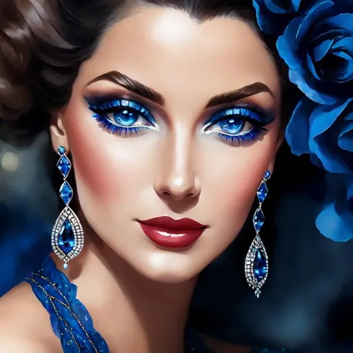 Prompt: Glamorously dressed lady of rhe 1930's wearing sapphire jewelry,blue eyes