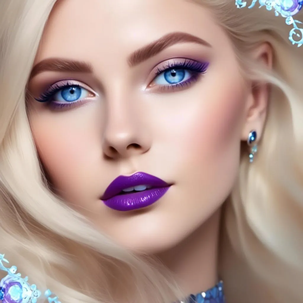 Prompt: <mymodel>Beautiful ethereal woman, long blonde hair,and icy blue eyes color, purple lipstick, facial closeup