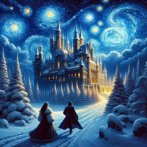 Prompt:  a castle in the snow at night with  Van Gogh stars and clouds above it and people walking on the snow covered ground, Dan Mumford, fantasy art, magical, a painting