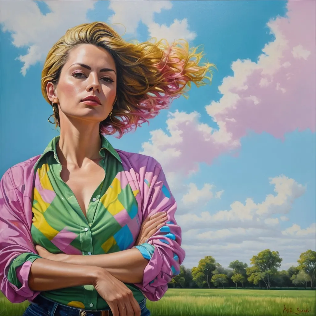 Prompt: <mymodel> a painting of a woman with a colorful shirt on and a green background with a blue sky and yellow and pink spot, Arie Smit, figurative art, realistic portrait, an oil on canvas painting