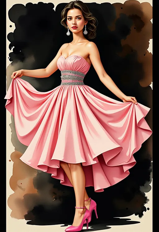 Prompt: This is a highly detailed, digital illustration of a young woman standing against a dark, abstract background with splashes of brown and black. She is depicted in a classic, elegant style reminiscent of fashion illustrations from the mid-20th century. The woman has a fair skin tone, dark brown hair styled in loose waves, and red lipstick that accentuates her full lips. She wears a strapless, pink, A-line dress that flares out into a voluminous skirt, cinched at the waist with a decorative silver and pink embroidered band. The dress is made of a soft, flowing fabric that adds a sense of movement to the image. She holds the sides of her skirt out to the sides, creating a circular, fan-like shape. On her feet are pink high-heeled shoes with ankle straps. She also wears large, dangling silver earrings. The background is intentionally simple, focusing attention on the subject, and the dark colors contrast sharply with the bright pink of her dress. The overall style of the illustration is realistic yet slightly stylized, emphasizing elegance and grace. The texture of the dress and background is smooth, with the dress's fabric appearing soft and delicate.