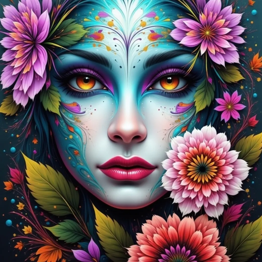 Prompt: a painting of a woman with flowers sprouting from her face, with a dark background, Anna Dittmann, fantasy art, highly detailed digital painting, an airbrush painting