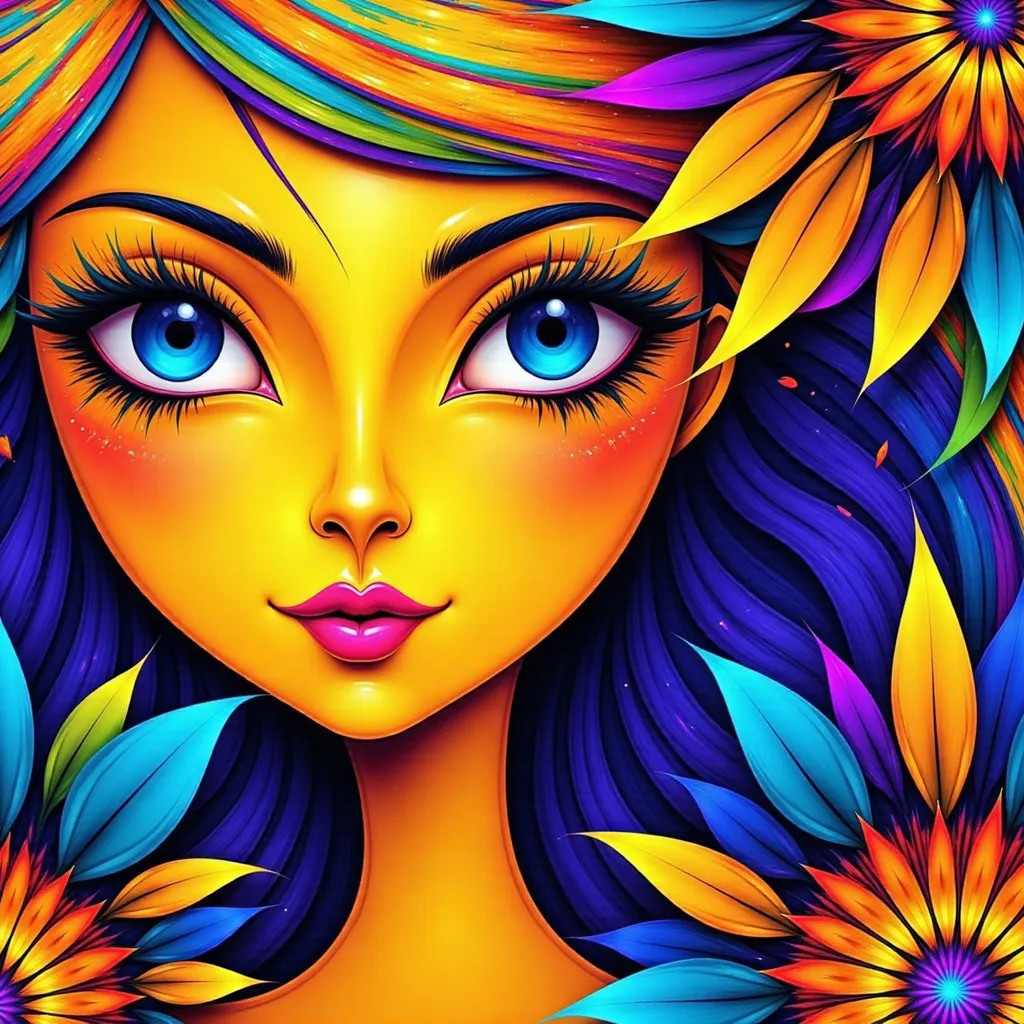 Prompt: a painting of a woman with blue eyes and yellow hair and flowers in her hair and a blue background, Elizabeth Murray, fauvism, saturated colors, a pop art painting