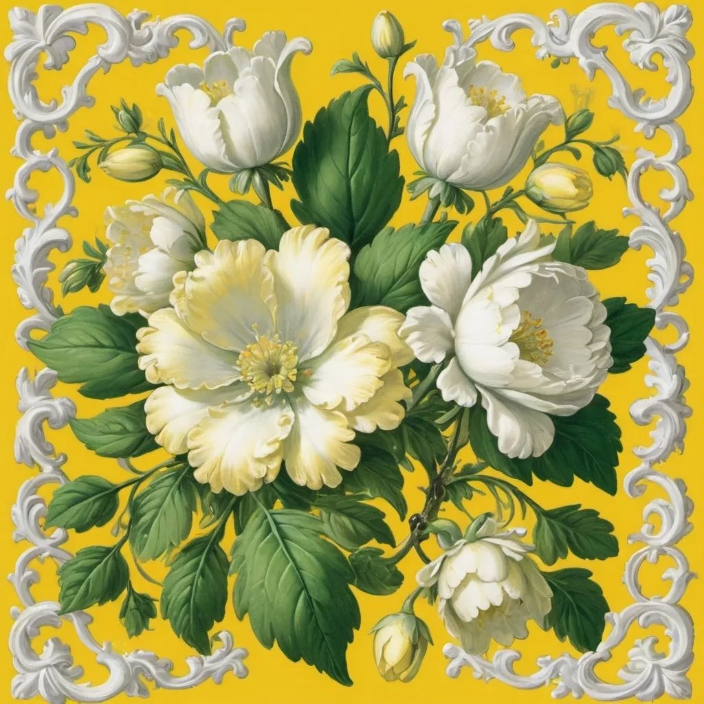 Prompt: a yellow background with white flowers and green leaves on it, with a yellow background with white flowers and green leaves on it, Annabel Kidston, rococo, book cover, a flemish Baroque