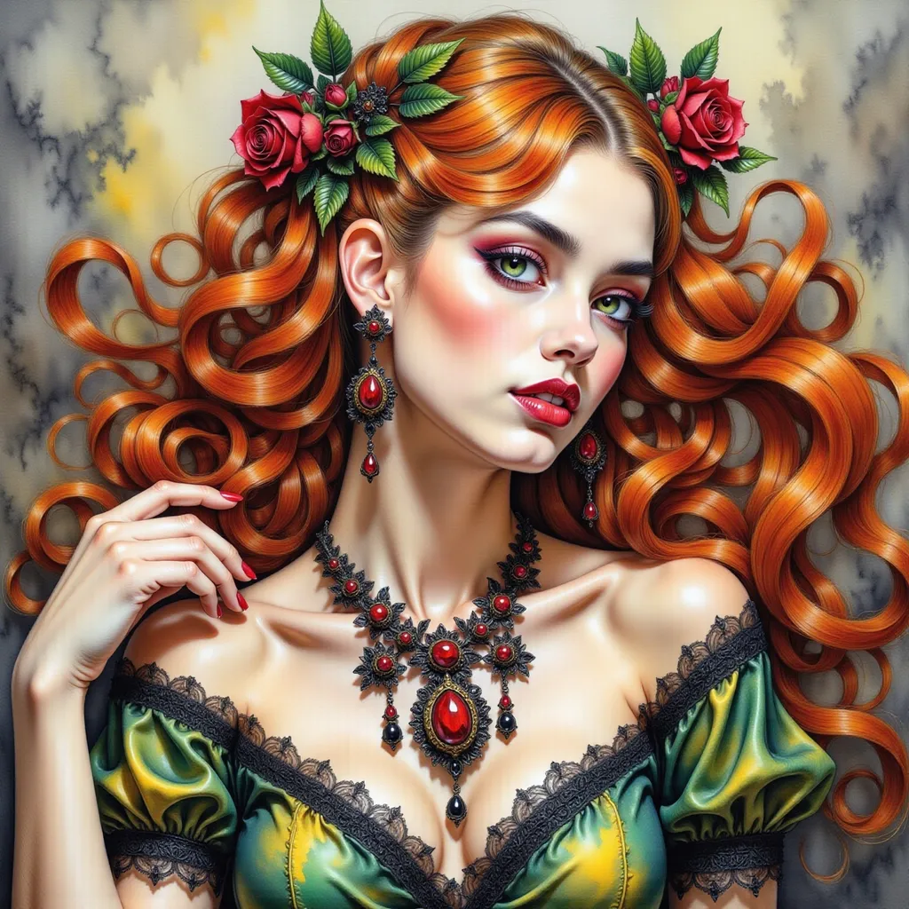 Prompt: a painting of a woman with red hair and green dress with  and a rose in her hair, Anne Stokes, gothic art, highly detailed digital painting, a detailed painting