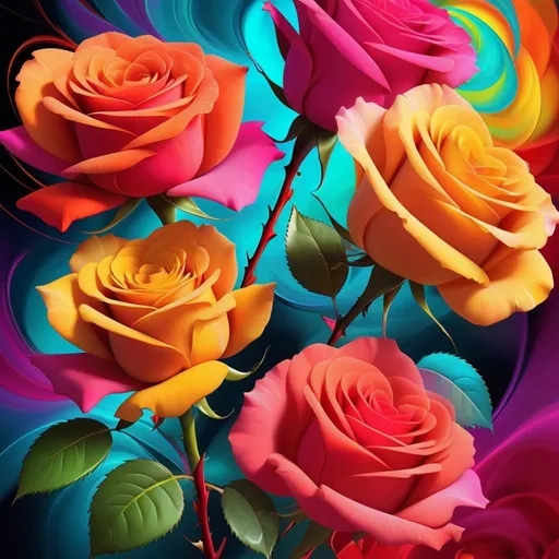 Prompt: Vibrant abstract digital artwork of roses, dazzling colors, dynamic composition, high energy, modern digital art, vibrant, abstract, digital, high energy, dynamic composition, best quality, colorful, vivid tones, professional lighting