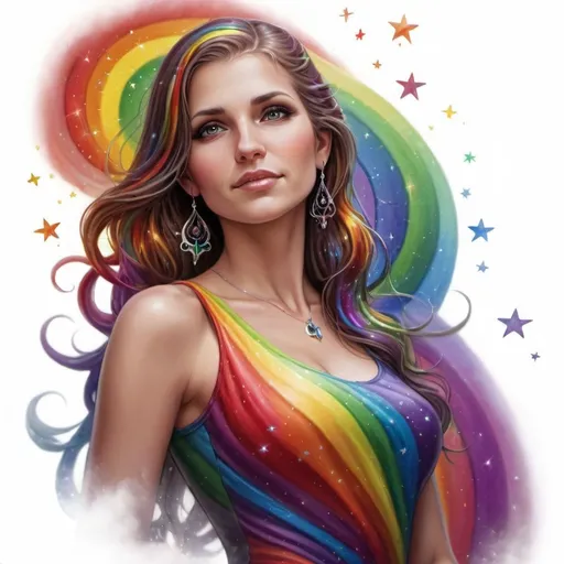 Prompt: a woman in a rainbow dress standing in front of a rainbow swirl background with stars and a rainbow - colored dress, Anne Stokes, fantasy art, highly detailed digital painting, a detailed painting