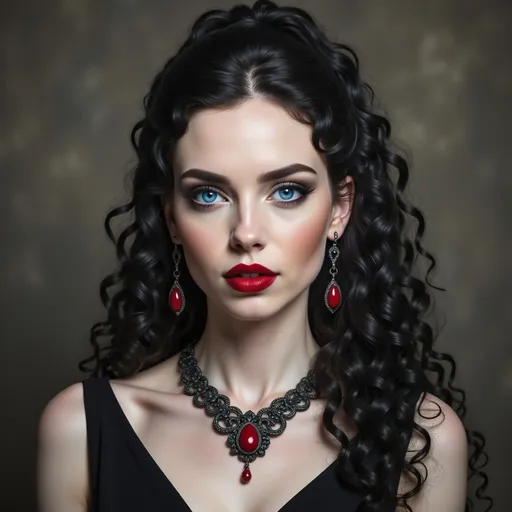 Prompt: a woman with long hair wearing a necklace and earrings with a red lipstick on her lips and a black dress, Carla Wyzgala, gothic art, highly detailed digital painting, a photorealistic painting